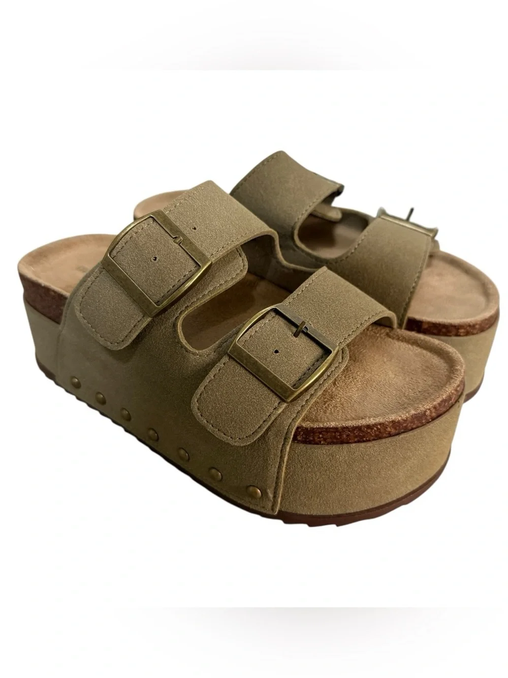 Madden Girl Double Buckle Platform Slide Sandals Taupe Women’s Size 6